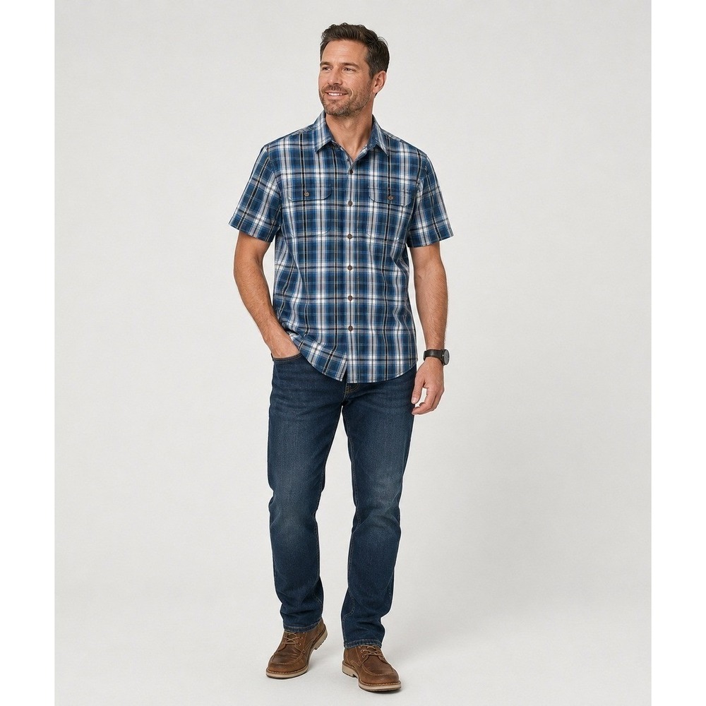 Prana button front camp shirt mens L blue plaid organic cotton polyester‎ blend
